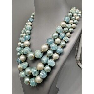 3 Strand Light Blue Swirl Bead & Faux Pearl Necklace Hong Kong